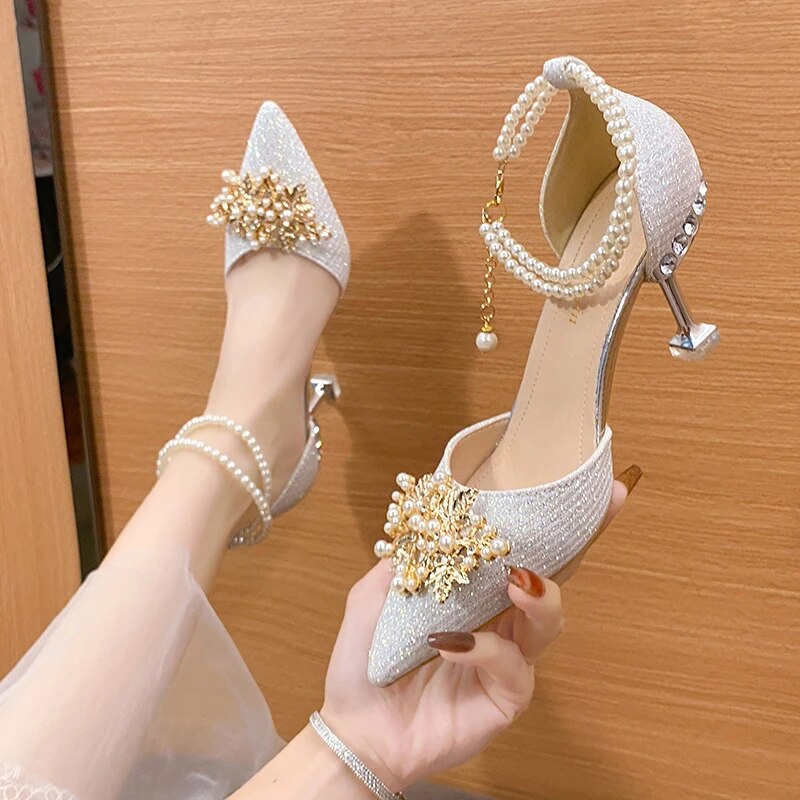 xsrrr Ladies Shoes on Sale New Fashion Pointed Metal Beaded Solid Women's High Heels Summer Leisure Banquet Women Wedding Pump