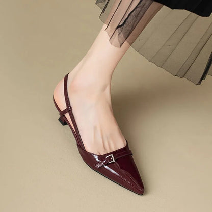 xsrrr New Summer Women's Dress Shoes Pointed Toe Sandals Buckle Slingbacks Mid Heels Pumps Patent Leather Slip on  Zapatos Mujer