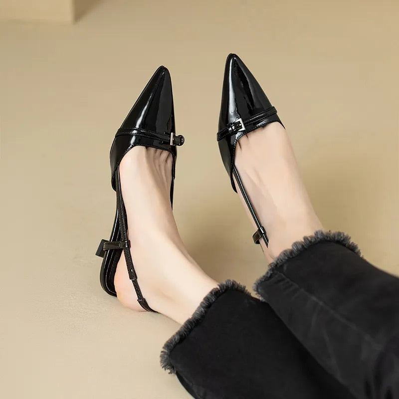 xsrrr New Summer Women's Dress Shoes Pointed Toe Sandals Buckle Slingbacks Mid Heels Pumps Patent Leather Slip on  Zapatos Mujer