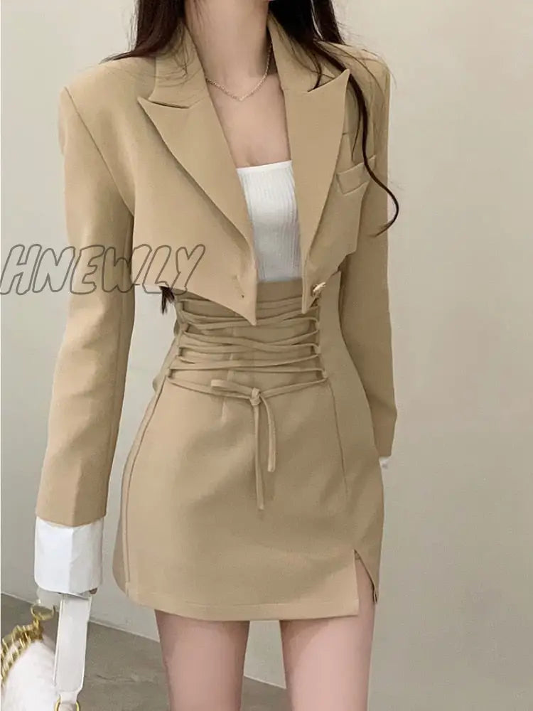 2 Piece Dress Set Women Casual Y2k Crop Tops Elegant Jacket Coats + Mini Skirts Korean Fashion Suits Autumn Blazers Dress