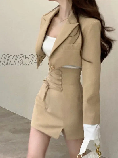 2 Piece Dress Set Women Casual Y2k Crop Tops Elegant Jacket Coats + Mini Skirts Korean Fashion Suits Autumn Blazers Dress