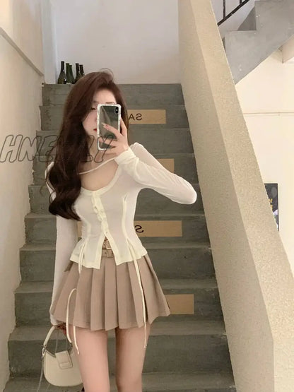 2 Piece Dress Set Women Slim Y2k Crop Tops Fashion Suits Long Sleeve Blouse + Short Skirts Sexy Elegant Dress Korean Summer