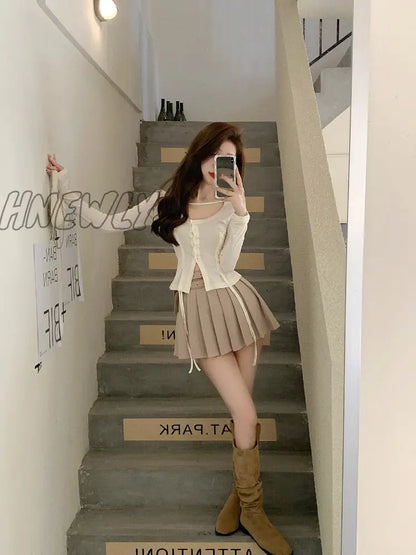 2 Piece Dress Set Women Slim Y2k Crop Tops Fashion Suits Long Sleeve Blouse + Short Skirts Sexy Elegant Dress Korean Summer