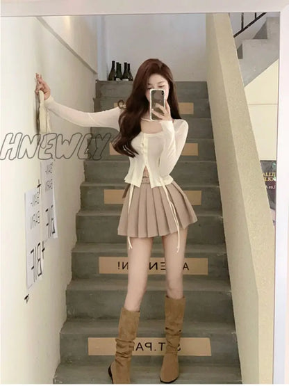 2 Piece Dress Set Women Slim Y2k Crop Tops Fashion Suits Long Sleeve Blouse + Short Skirts Sexy Elegant Dress Korean Summer