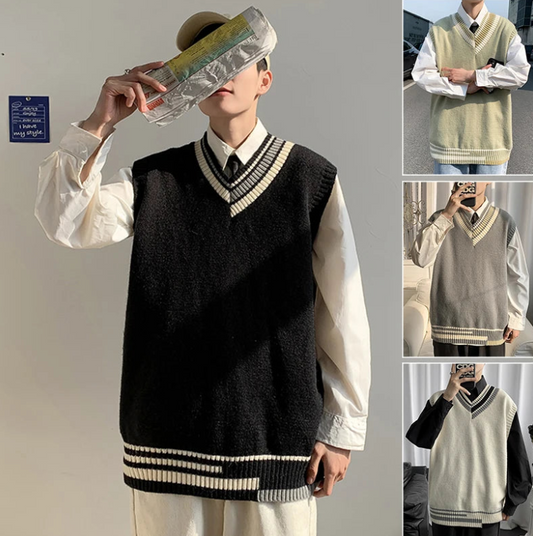 Oversized V-neck Sweater Vest Men Warm Fashion Casual Knitted Pullover Men Korean Loose Sleeveless Sweater Mens Clothes