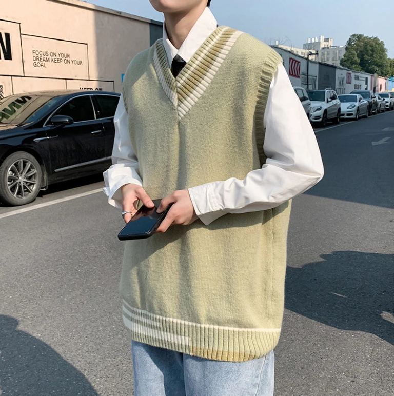 Oversized V-neck Sweater Vest Men Warm Fashion Casual Knitted Pullover Men Korean Loose Sleeveless Sweater Mens Clothes