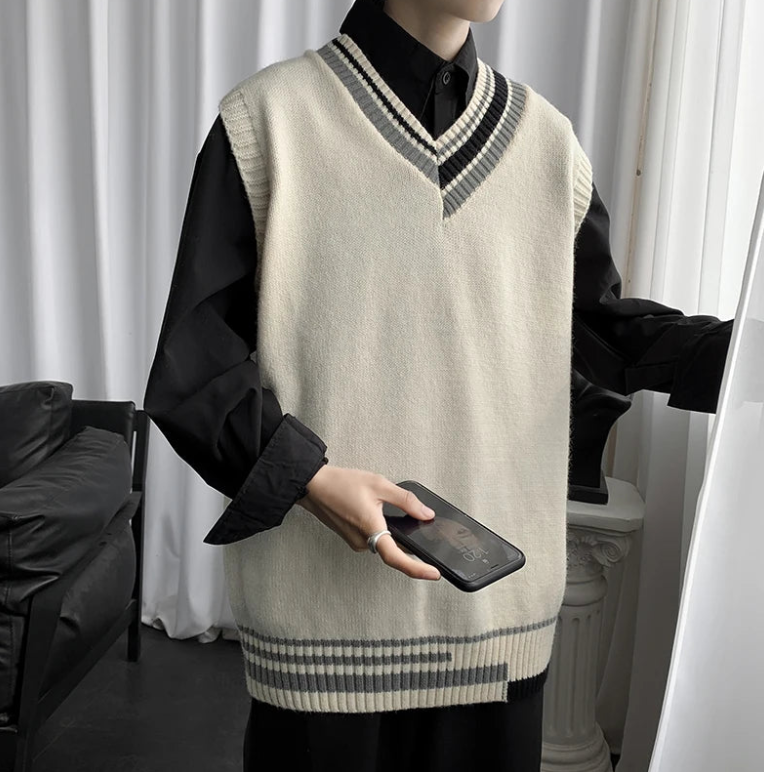 Oversized V-neck Sweater Vest Men Warm Fashion Casual Knitted Pullover Men Korean Loose Sleeveless Sweater Mens Clothes