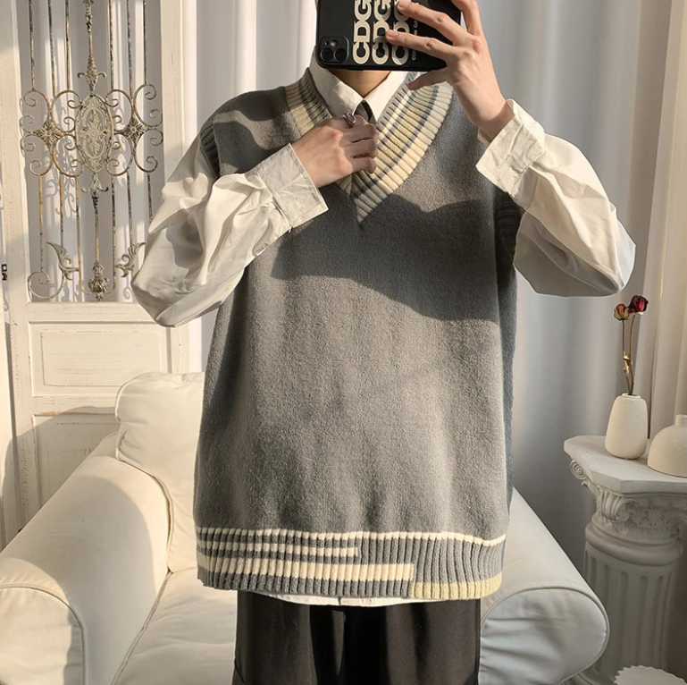 Oversized V-neck Sweater Vest Men Warm Fashion Casual Knitted Pullover Men Korean Loose Sleeveless Sweater Mens Clothes