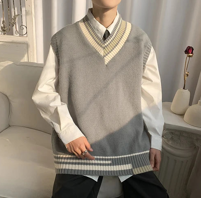 Oversized V-neck Sweater Vest Men Warm Fashion Casual Knitted Pullover Men Korean Loose Sleeveless Sweater Mens Clothes