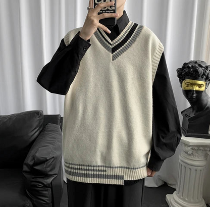 Oversized V-neck Sweater Vest Men Warm Fashion Casual Knitted Pullover Men Korean Loose Sleeveless Sweater Mens Clothes