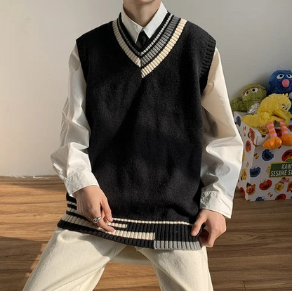 Oversized V-neck Sweater Vest Men Warm Fashion Casual Knitted Pullover Men Korean Loose Sleeveless Sweater Mens Clothes