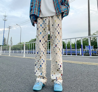 Hollow Out Pants Men Fashion Oversized Wide Leg Pants Men Streetwear Hip-hop Loose Straight Plaid Pants Mens Cotton Trousers