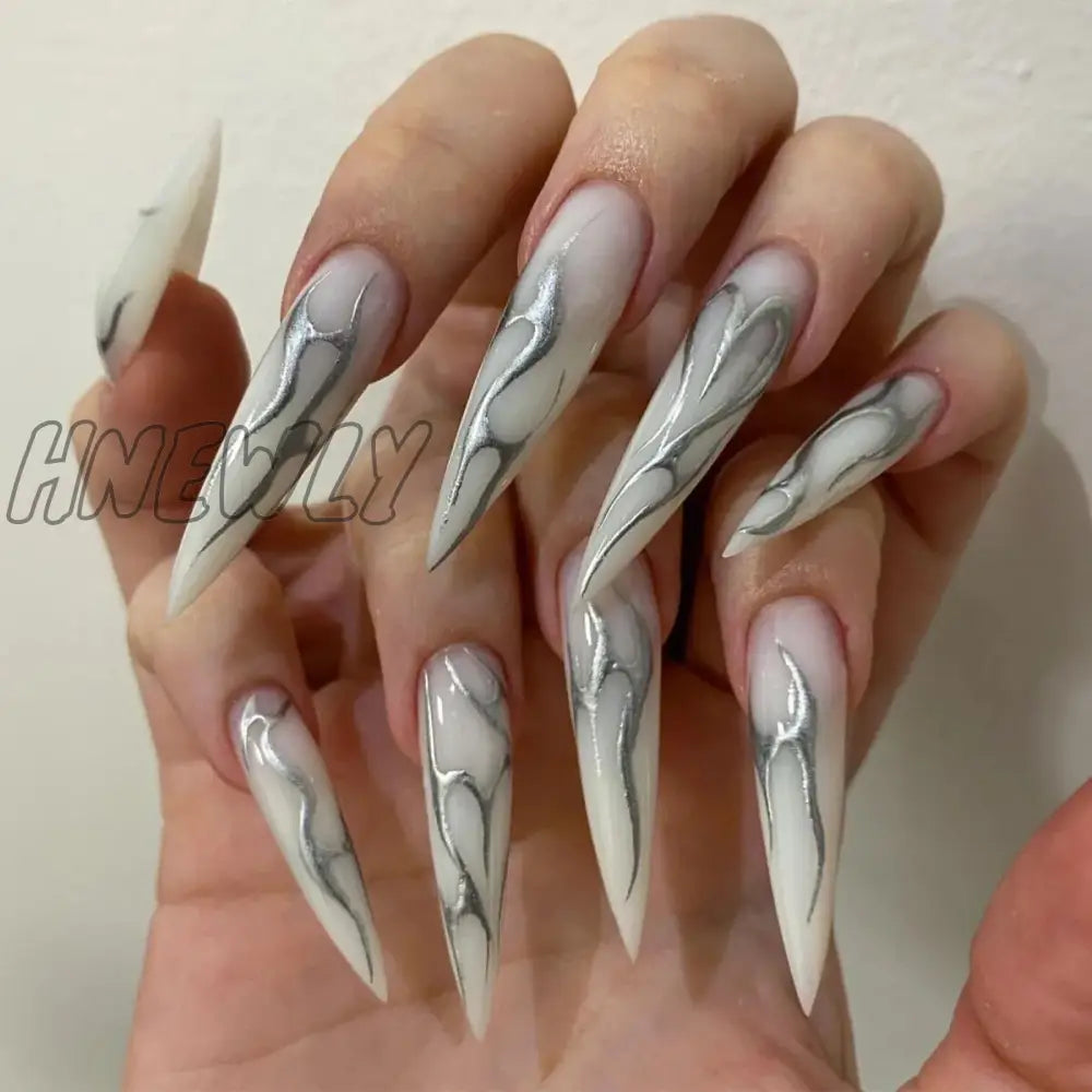 24pc Halloween false nails Long Almond Fake Nails Sharp Nail French Ballerina Diamond Press on Nails Artificial Nail Enhancement