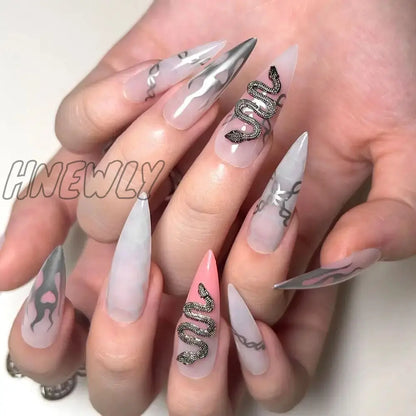 24pc Halloween false nails Long Almond Fake Nails Sharp Nail French Ballerina Diamond Press on Nails Artificial Nail Enhancement