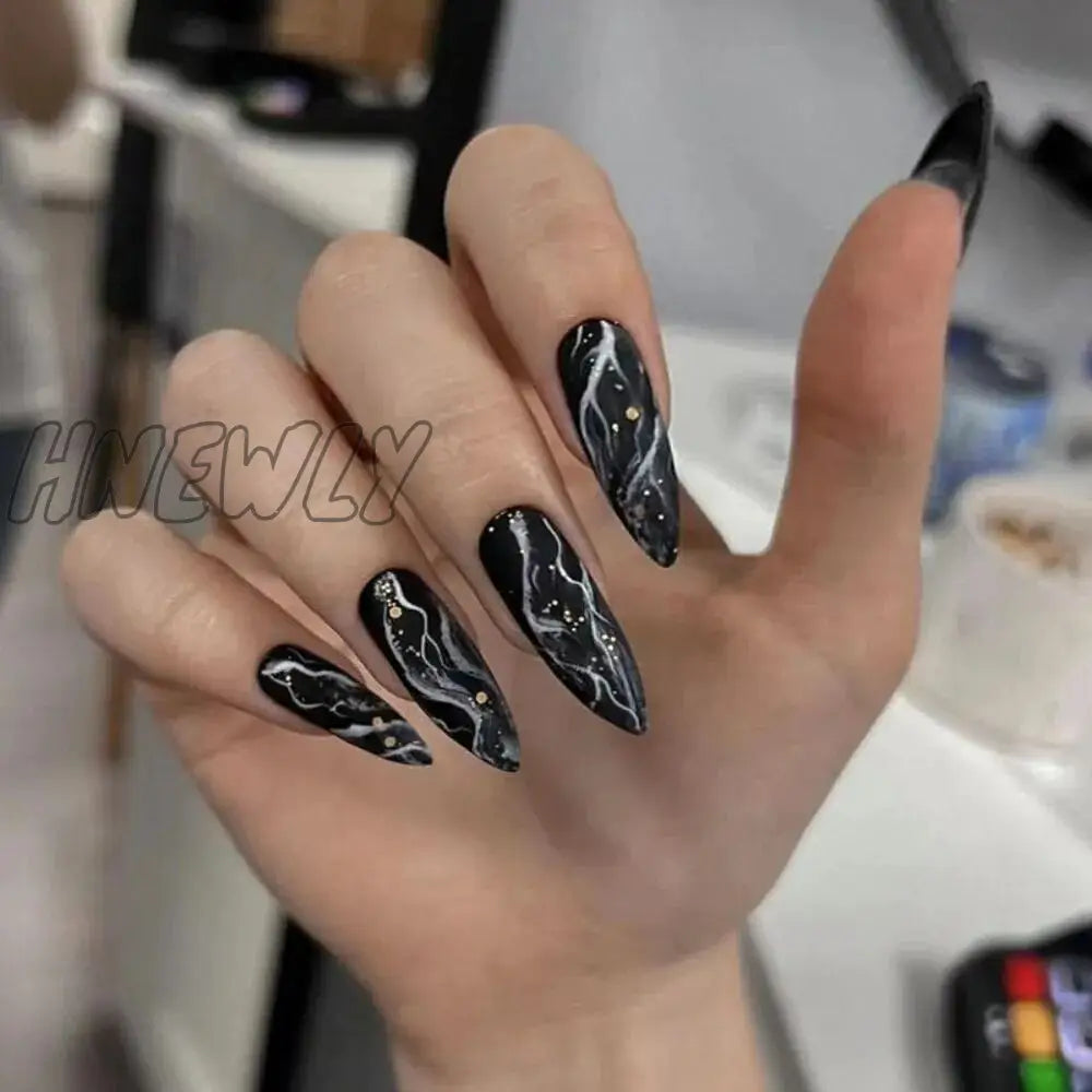 24pc Halloween false nails Long Almond Fake Nails Sharp Nail French Ballerina Diamond Press on Nails Artificial Nail Enhancement