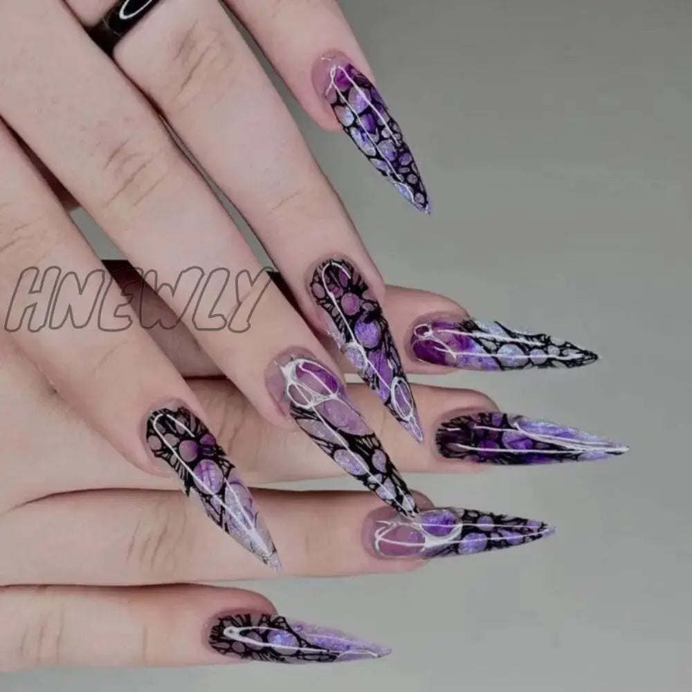 24pc Halloween false nails Long Almond Fake Nails Sharp Nail French Ballerina Diamond Press on Nails Artificial Nail Enhancement