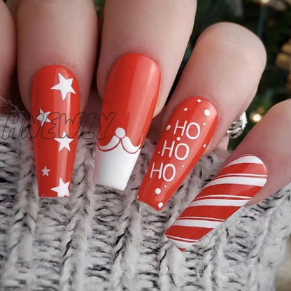 24Pcs Long Ballet Christmas False Nails Wearable Xmas Style Fake Nails Elk Santa Claus Design Full Cover Press on Nail Tips