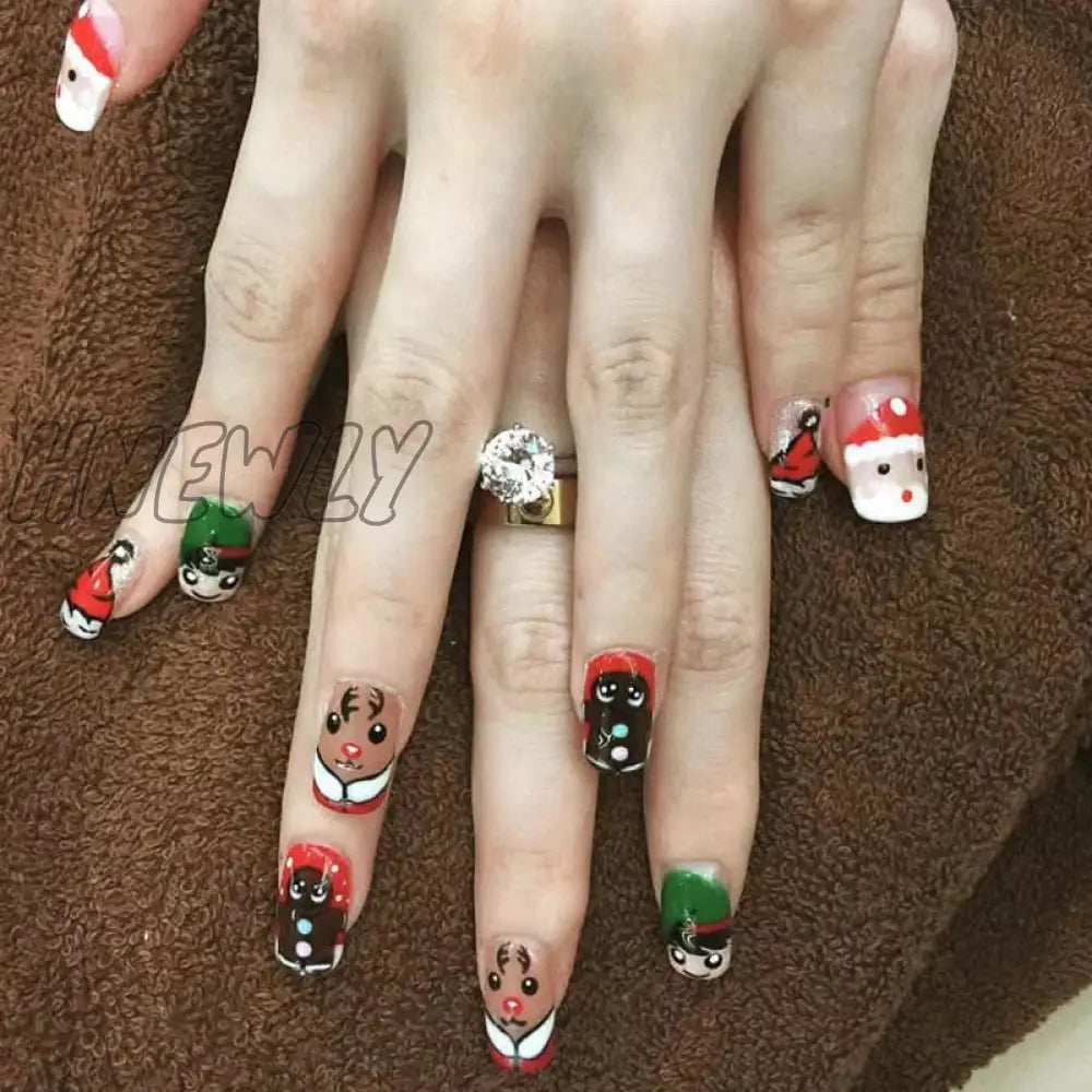 24Pcs Long Ballet Christmas False Nails Wearable Xmas Style Fake Nails Elk Santa Claus Design Full Cover Press on Nail Tips