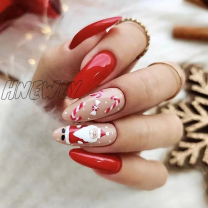 24Pcs Long Ballet Christmas False Nails Wearable Xmas Style Fake Nails Elk Santa Claus Design Full Cover Press on Nail Tips