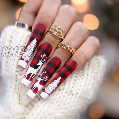 24Pcs Long Ballet Christmas False Nails Wearable Xmas Style Fake Nails Elk Santa Claus Design Full Cover Press on Nail Tips