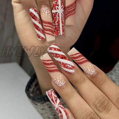 24Pcs Long Ballet Christmas False Nails Wearable Xmas Style Fake Nails Elk Santa Claus Design Full Cover Press on Nail Tips