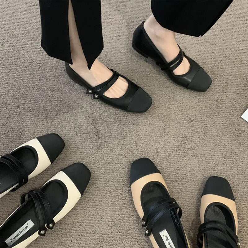 xsrrr New Women's Flats Patchwork Double Buckle Mary Janes Shoes Black Toe Leather Shoes For Female Spring Autumn Zapatos Mujer