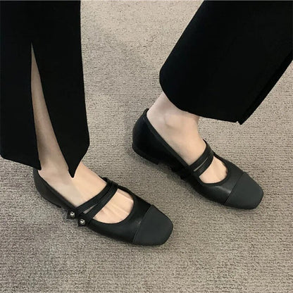 xsrrr New Women's Flats Patchwork Double Buckle Mary Janes Shoes Black Toe Leather Shoes For Female Spring Autumn Zapatos Mujer