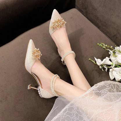 xsrrr Ladies Shoes on Sale New Fashion Pointed Metal Beaded Solid Women's High Heels Summer Leisure Banquet Women Wedding Pump