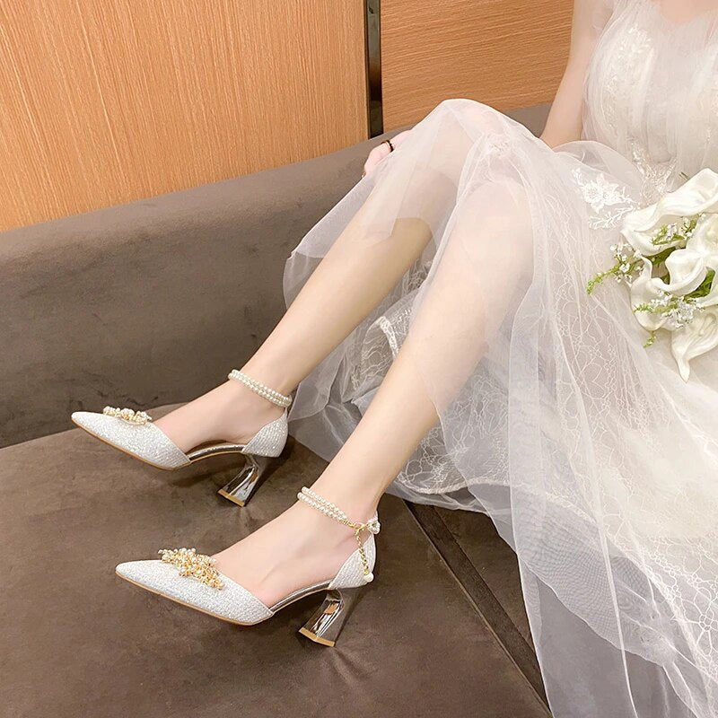 xsrrr Ladies Shoes on Sale New Fashion Pointed Metal Beaded Solid Women's High Heels Summer Leisure Banquet Women Wedding Pump