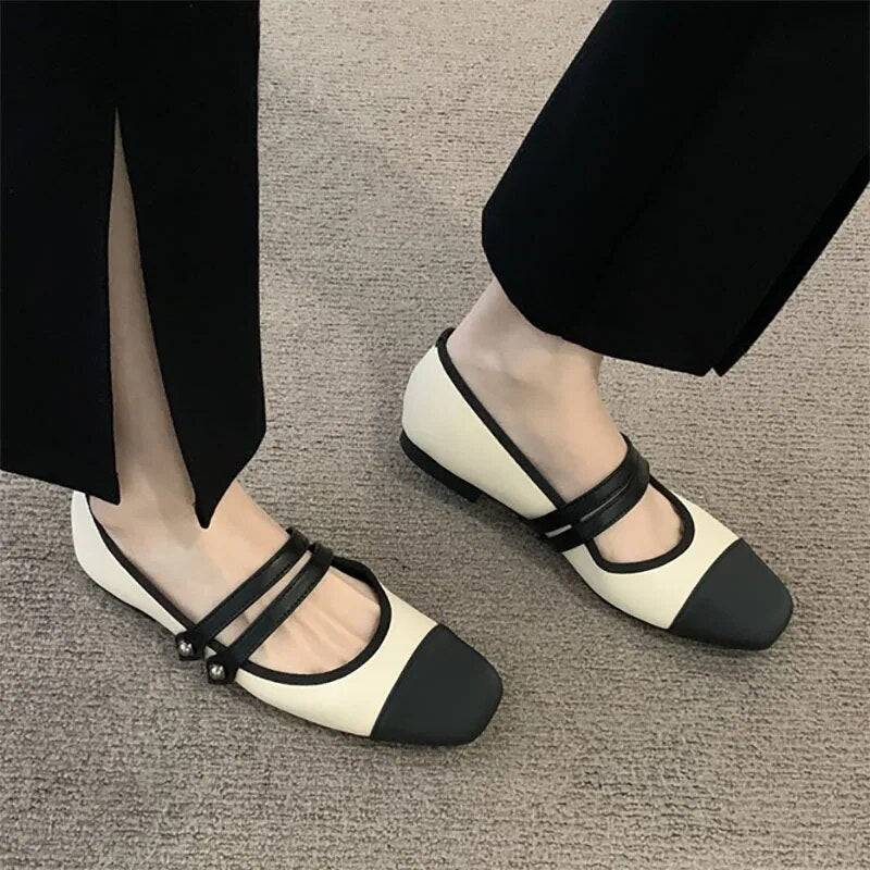 xsrrr New Women's Flats Patchwork Double Buckle Mary Janes Shoes Black Toe Leather Shoes For Female Spring Autumn Zapatos Mujer