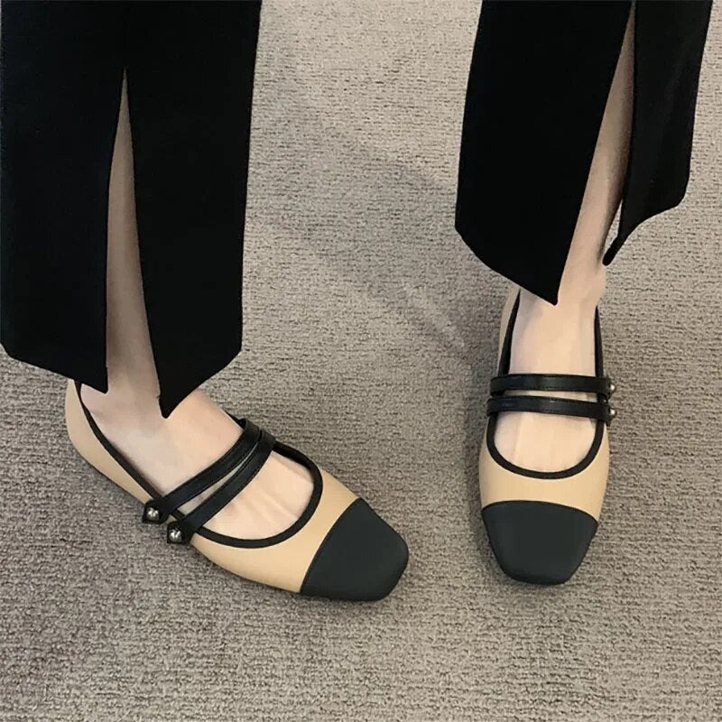 xsrrr New Women's Flats Patchwork Double Buckle Mary Janes Shoes Black Toe Leather Shoes For Female Spring Autumn Zapatos Mujer