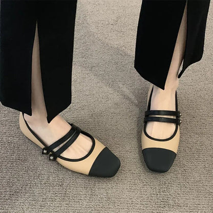 xsrrr New Women's Flats Patchwork Double Buckle Mary Janes Shoes Black Toe Leather Shoes For Female Spring Autumn Zapatos Mujer