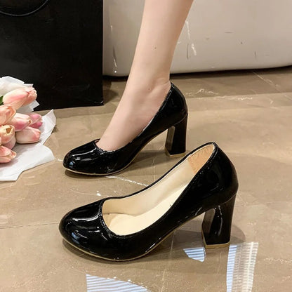 xsrrr New Women's Square Heels Office Shoes Patent Leather High Heel Pumps Women Round Toe Slip-On Autumn Shoes for Female