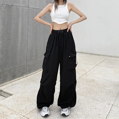 xsrrr Women Casual Joggers Tech Pants Solid Low Waist Pants Drawstring Wide Leg Baggy Trousers Y2k Streetwear Oversize Sweatpants