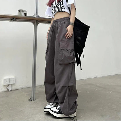 xsrrr Women Casual Joggers Tech Pants Solid Low Waist Pants Drawstring Wide Leg Baggy Trousers Y2k Streetwear Oversize Sweatpants