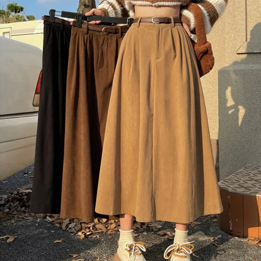 xsrrr Autumn Women Corduroy High-waisted Skirt Vintage A- line Belt Woman Long Skirts Korean Casual Solid Color Elegant Ladies Clothes