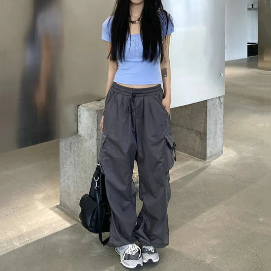 xsrrr Women Casual Cargo Pant Solid Low Waist Drawstring Big Pockets Wide Leg Baggy Trousers Female Y2K Streetwear Oversize Sweatpants