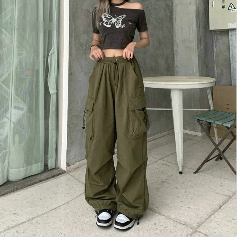 xsrrr Women Casual Cargo Pant Solid Low Waist Drawstring Big Pockets Wide Leg Baggy Trousers Female Y2K Streetwear Oversize Sweatpants