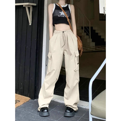 xsrrr Women Casual Cargo Pant Solid Low Waist Drawstring Big Pockets Wide Leg Baggy Trousers Female Y2K Streetwear Oversize Sweatpants