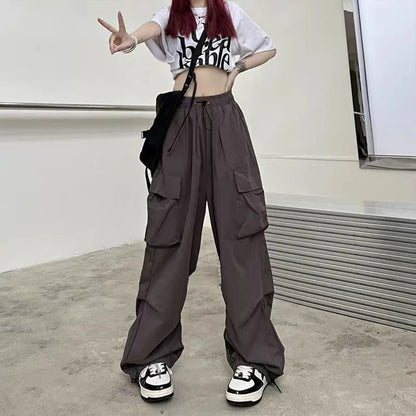 xsrrr Women Casual Joggers Tech Pants Solid Low Waist Pants Drawstring Wide Leg Baggy Trousers Y2k Streetwear Oversize Sweatpants