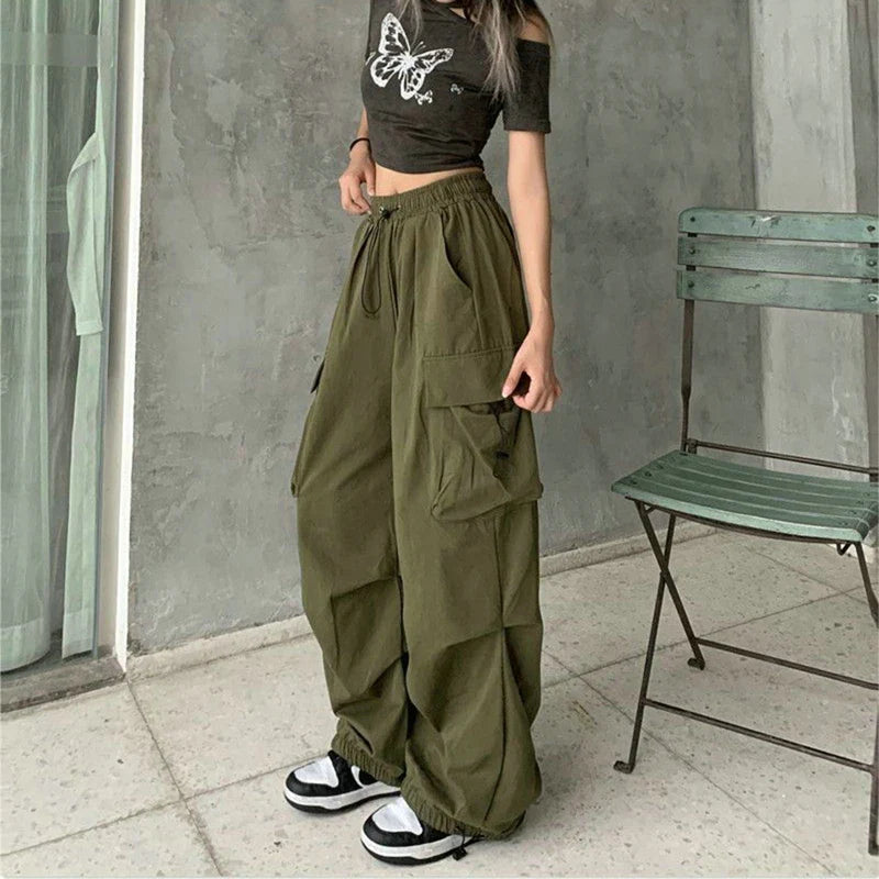 xsrrr Women Casual Cargo Pant Solid Low Waist Drawstring Big Pockets Wide Leg Baggy Trousers Female Y2K Streetwear Oversize Sweatpants