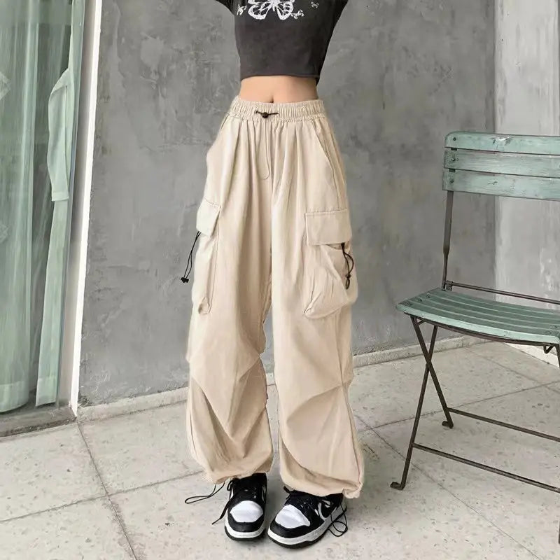 xsrrr Women Casual Joggers Tech Pants Solid Low Waist Pants Drawstring Wide Leg Baggy Trousers Y2k Streetwear Oversize Sweatpants