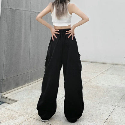 xsrrr Women Casual Cargo Pant Solid Low Waist Drawstring Big Pockets Wide Leg Baggy Trousers Female Y2K Streetwear Oversize Sweatpants