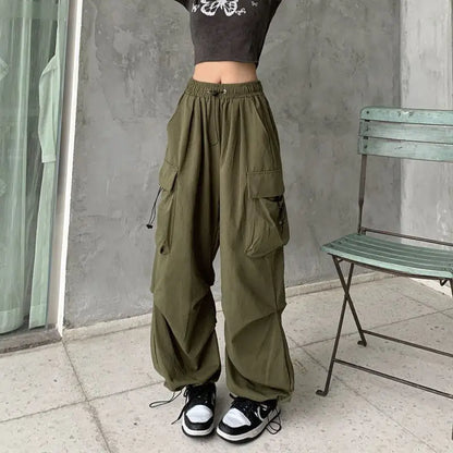 xsrrr Women Casual Joggers Tech Pants Solid Low Waist Pants Drawstring Wide Leg Baggy Trousers Y2k Streetwear Oversize Sweatpants