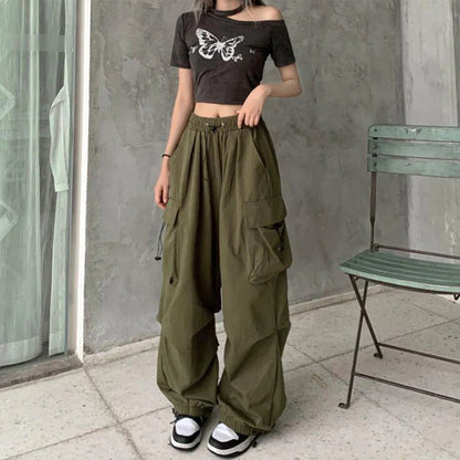 xsrrr Women Casual Joggers Tech Pants Solid Low Waist Pants Drawstring Wide Leg Baggy Trousers Y2k Streetwear Oversize Sweatpants