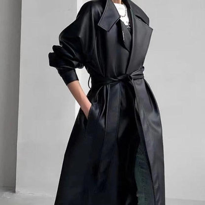 xsrrr Autumn Winter Pu Leather Trench Coats Women Ladies Solid Long Loose Female Casual Windbreaker Outerwear New Bday Outfits Black Girl