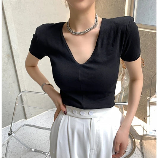 xsrrr Casual Cotton V Neck Short Sleeve T-shirt Women Fashion Shoulder Pad Solid Color Summer Slim Tees Ladies Basic Elastic Tops