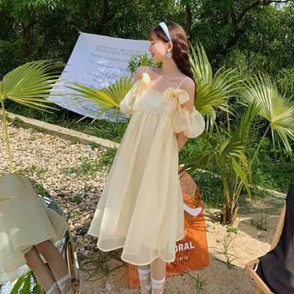 xsrrr DRESS TO IMPRESS Summer Vintage Yellow Strap Dress Women Sweet Off Shoulder Ruffle Fairy Dress Female Elegant Evening Party Ladies Dress New