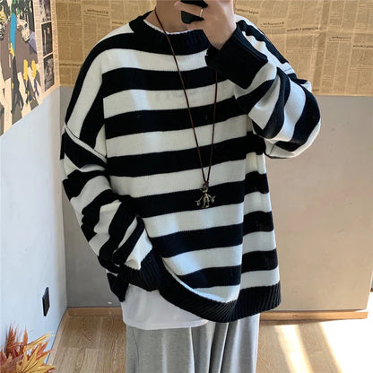 Winter Knitted Sweater Men Striped Sweaters O-Neck Pullover Male Harajuku Oversized Sweaters Women Couple Hip Hop Jumper