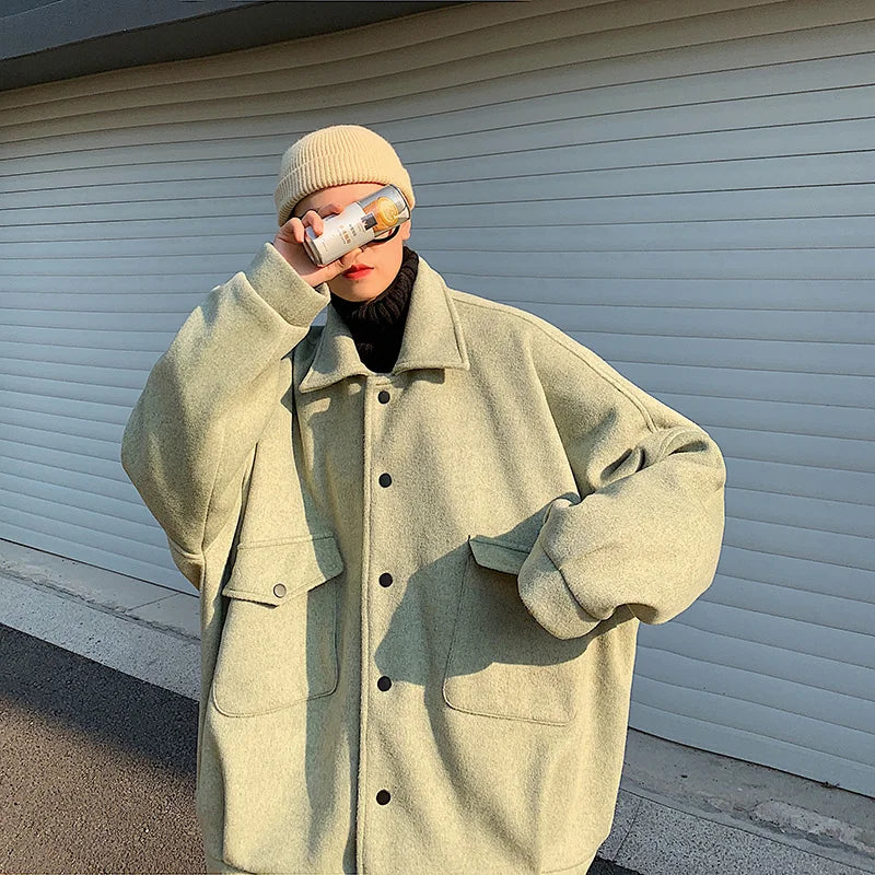 Winter Thickened Short Woolen Coat Men Warm Fashion Oversized Woolen Coat Men  Korean Loose Woolen Jacket Mens Overcoat M-3XL